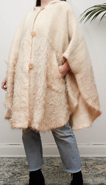 Vintage Cream Wool Cape Coat with Mohair Texture and Hood