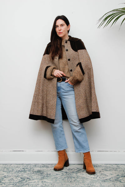 1970s Tweed Wool Cape with Chocolate Velvet Trim - Classic Country Style