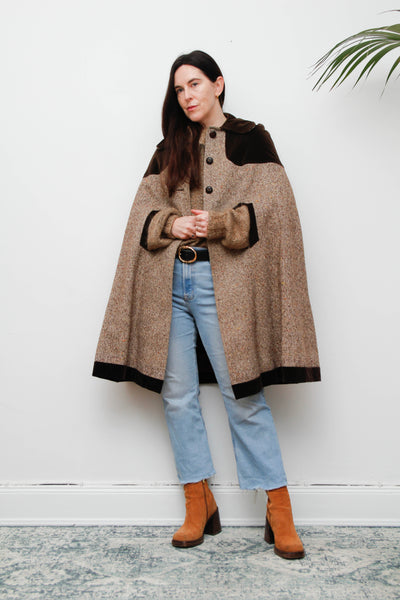 1970s Tweed Wool Cape with Chocolate Velvet Trim - Classic Country Style