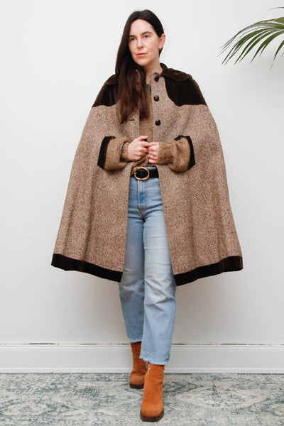 1970s Tweed Wool Cape with Chocolate Velvet Trim - Classic Country Style
