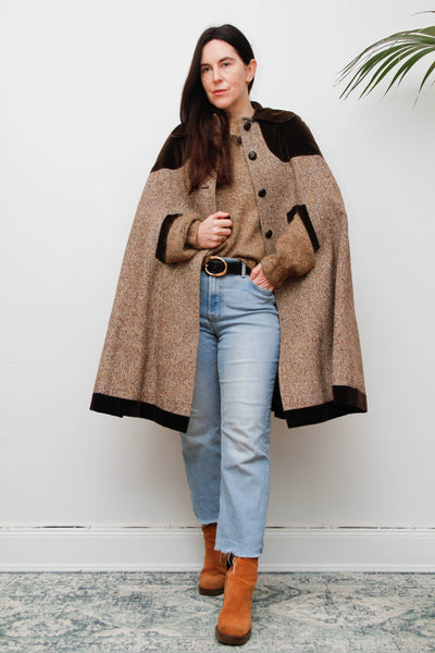 1970s Tweed Wool Cape with Chocolate Velvet Trim - Classic Country Style