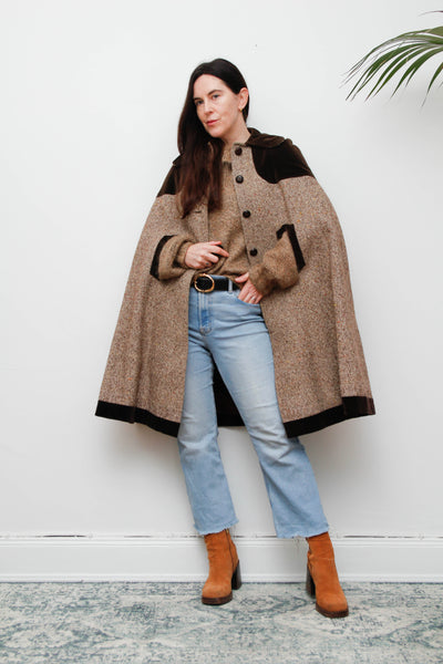 1970s Tweed Wool Cape with Chocolate Velvet Trim - Classic Country Style