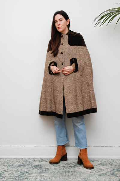 1970s Tweed Wool Cape with Chocolate Velvet Trim - Classic Country Style