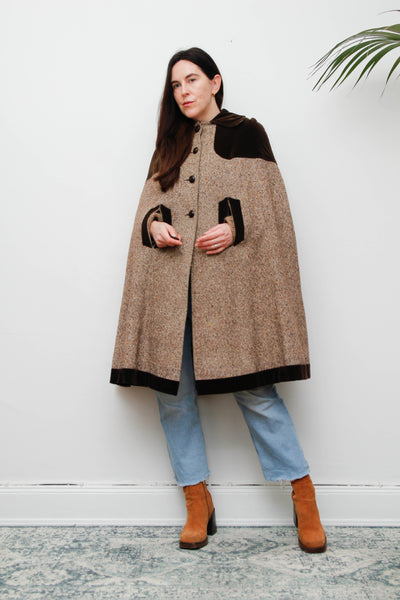 1970s Tweed Wool Cape with Chocolate Velvet Trim - Classic Country Style