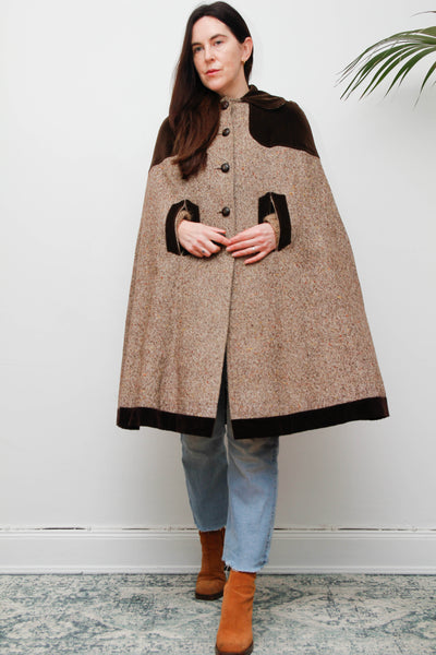 1970s Tweed Wool Cape with Chocolate Velvet Trim - Classic Country Style