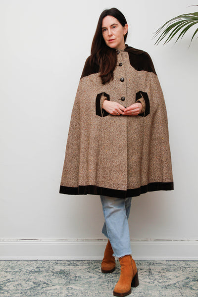 1970s Tweed Wool Cape with Chocolate Velvet Trim - Classic Country Style