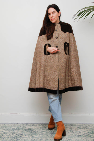 1970s Tweed Wool Cape with Chocolate Velvet Trim - Classic Country Style