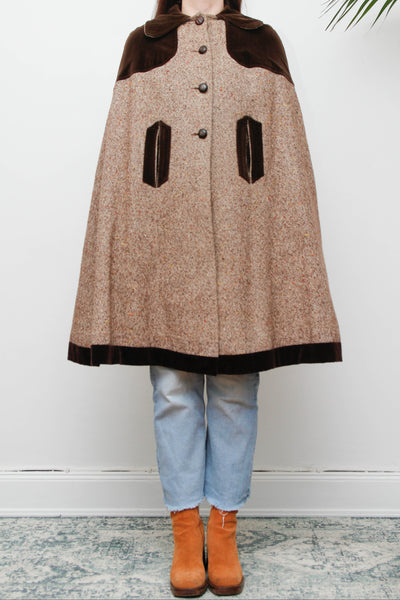 1970s Tweed Wool Cape with Chocolate Velvet Trim - Classic Country Style