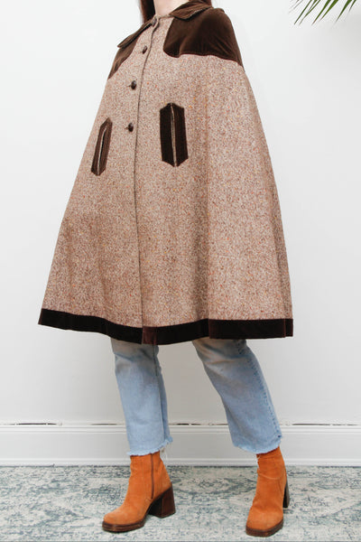 1970s Tweed Wool Cape with Chocolate Velvet Trim - Classic Country Style
