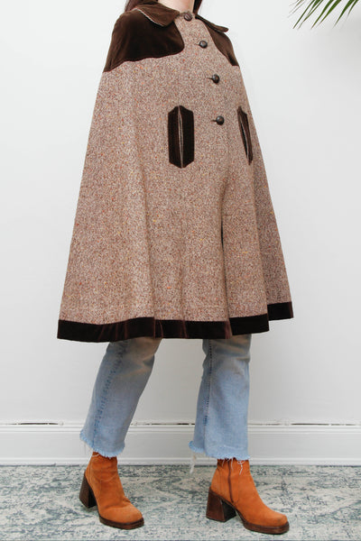 1970s Tweed Wool Cape with Chocolate Velvet Trim - Classic Country Style