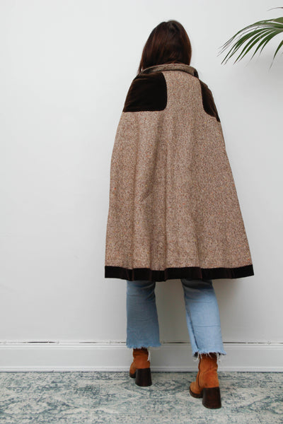1970s Tweed Wool Cape with Chocolate Velvet Trim - Classic Country Style