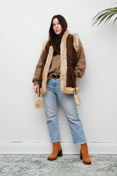 1970s Penny Lane Leather & Sheepskin Waistcoat with Tassel Belt