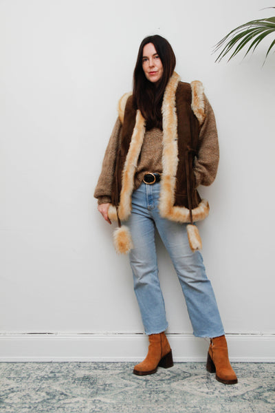 1970s Penny Lane Leather & Sheepskin Waistcoat with Tassel Belt