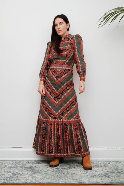 Vintage Cotton Maxi Dress - Bohemian Prairie Style with Fitted Belt