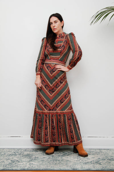 Vintage Cotton Maxi Dress - Bohemian Prairie Style with Fitted Belt