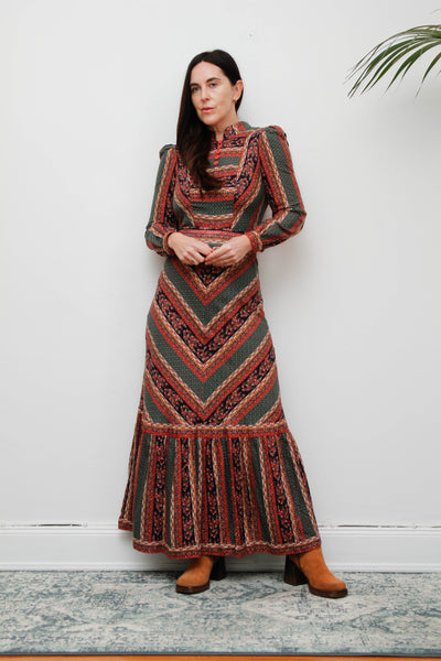 Vintage Cotton Maxi Dress - Bohemian Prairie Style with Fitted Belt