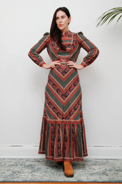 Vintage Cotton Maxi Dress - Bohemian Prairie Style with Fitted Belt