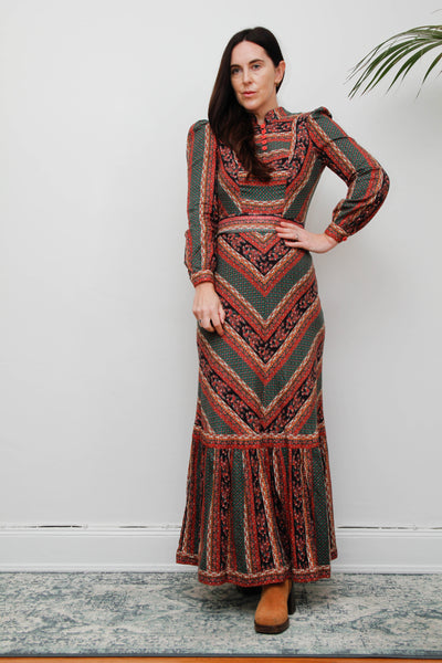 Vintage Cotton Maxi Dress - Bohemian Prairie Style with Fitted Belt