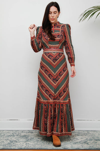 Vintage Cotton Maxi Dress - Bohemian Prairie Style with Fitted Belt