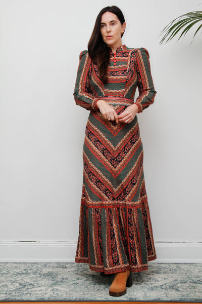 Vintage Cotton Maxi Dress - Bohemian Prairie Style with Fitted Belt
