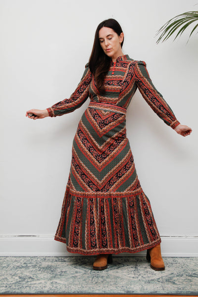 Vintage Cotton Maxi Dress - Bohemian Prairie Style with Fitted Belt