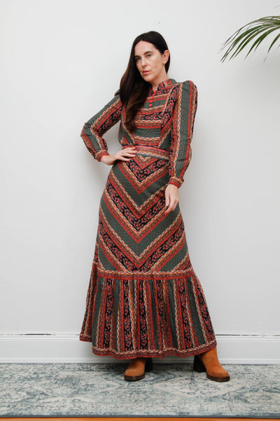 Vintage Cotton Maxi Dress - Bohemian Prairie Style with Fitted Belt