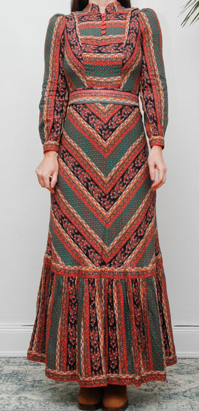 Vintage Cotton Maxi Dress - Bohemian Prairie Style with Fitted Belt