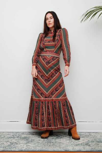 Vintage Cotton Maxi Dress - Bohemian Prairie Style with Fitted Belt