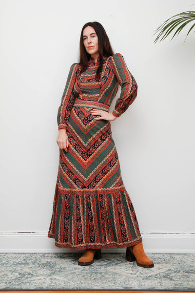 Vintage Cotton Maxi Dress - Bohemian Prairie Style with Fitted Belt