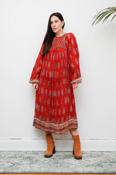 Rare Vintage Indian Cotton Gauze Dress – Bohemian Floral Billowing Sleeves