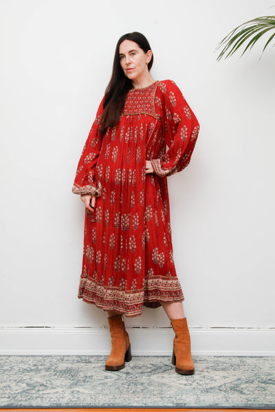 Rare Vintage Indian Cotton Gauze Dress – Bohemian Floral Billowing Sleeves