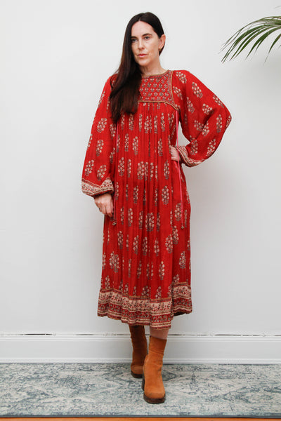 Rare Vintage Indian Cotton Gauze Dress – Bohemian Floral Billowing Sleeves
