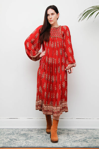 Rare Vintage Indian Cotton Gauze Dress – Bohemian Floral Billowing Sleeves
