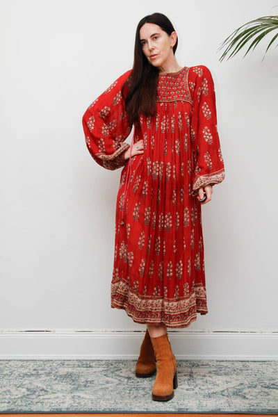 Rare Vintage Indian Cotton Gauze Dress – Bohemian Floral Billowing Sleeves
