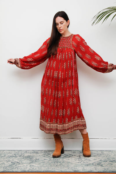 Rare Vintage Indian Cotton Gauze Dress – Bohemian Floral Billowing Sleeves