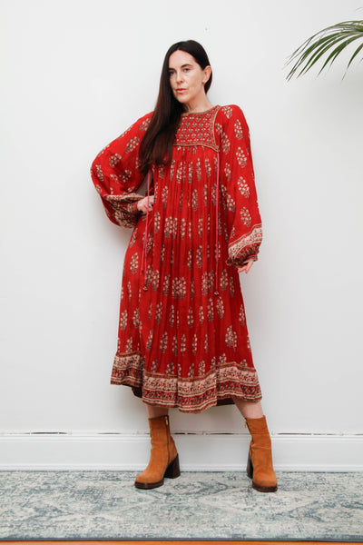 Rare Vintage Indian Cotton Gauze Dress – Bohemian Floral Billowing Sleeves