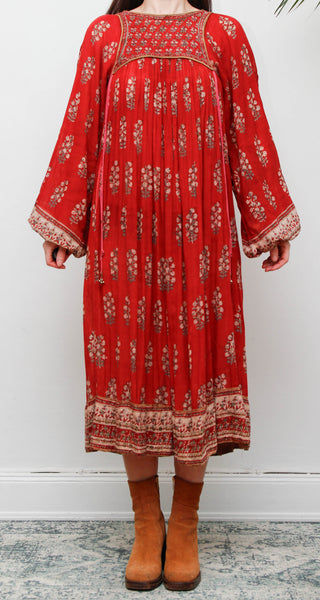 Rare Vintage Indian Cotton Gauze Dress – Bohemian Floral Billowing Sleeves