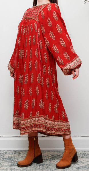 Rare Vintage Indian Cotton Gauze Dress – Bohemian Floral Billowing Sleeves