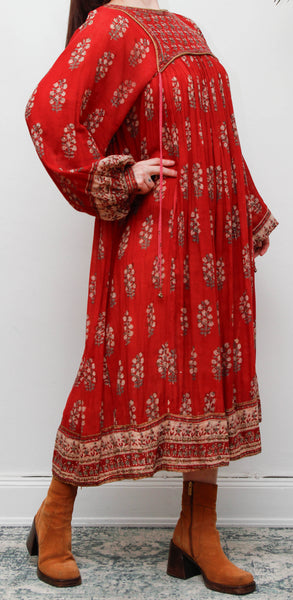 Rare Vintage Indian Cotton Gauze Dress – Bohemian Floral Billowing Sleeves
