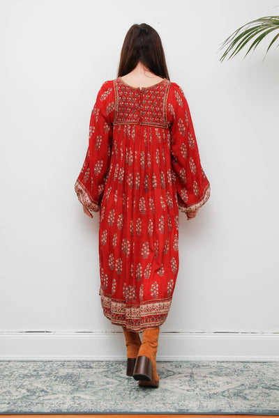 Rare Vintage Indian Cotton Gauze Dress – Bohemian Floral Billowing Sleeves