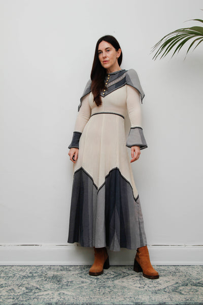 Vintage Ethereal Cheesecloth Cotton Dress-Cream with Navy & Grey Bohemian