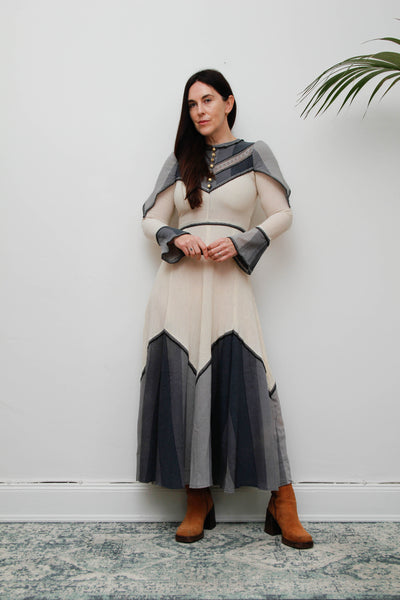 Vintage Ethereal Cheesecloth Cotton Dress-Cream with Navy & Grey Bohemian