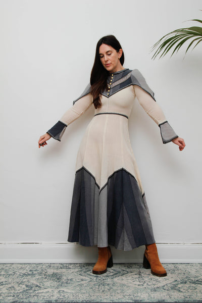 Vintage Ethereal Cheesecloth Cotton Dress-Cream with Navy & Grey Bohemian