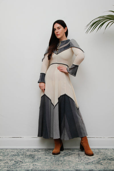 Vintage Ethereal Cheesecloth Cotton Dress-Cream with Navy & Grey Bohemian