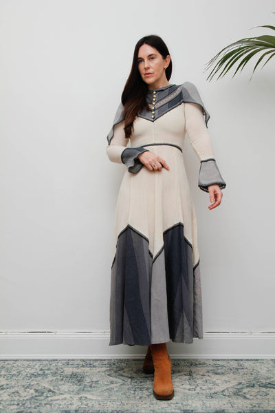 Vintage Ethereal Cheesecloth Cotton Dress-Cream with Navy & Grey Bohemian