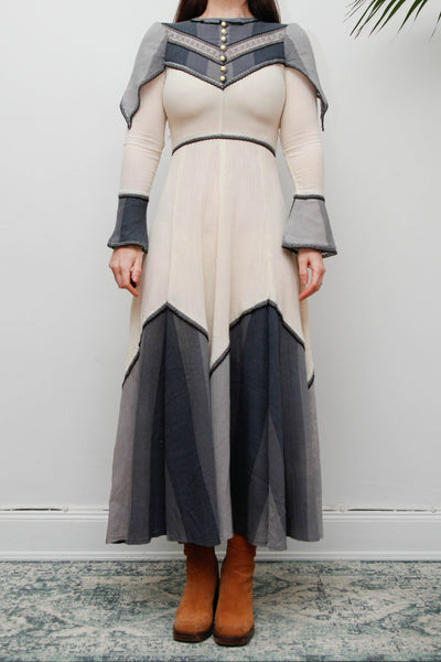 Vintage Ethereal Cheesecloth Cotton Dress-Cream with Navy & Grey Bohemian