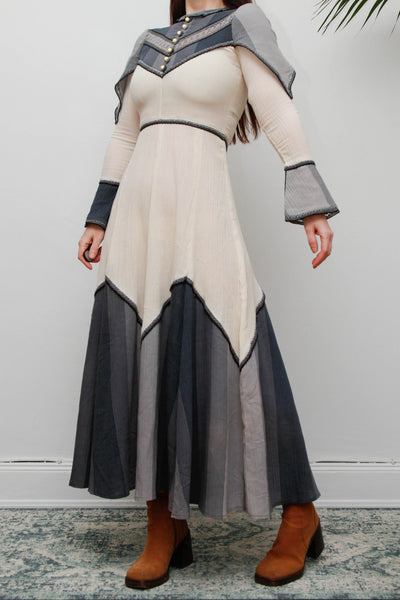 Vintage Ethereal Cheesecloth Cotton Dress-Cream with Navy & Grey Bohemian