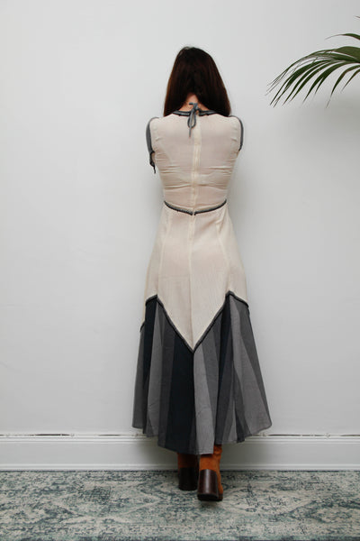 Vintage Ethereal Cheesecloth Cotton Dress-Cream with Navy & Grey Bohemian
