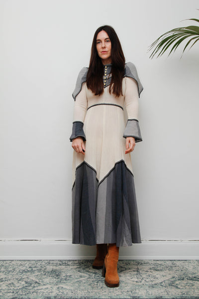 Vintage Ethereal Cheesecloth Cotton Dress-Cream with Navy & Grey Bohemian