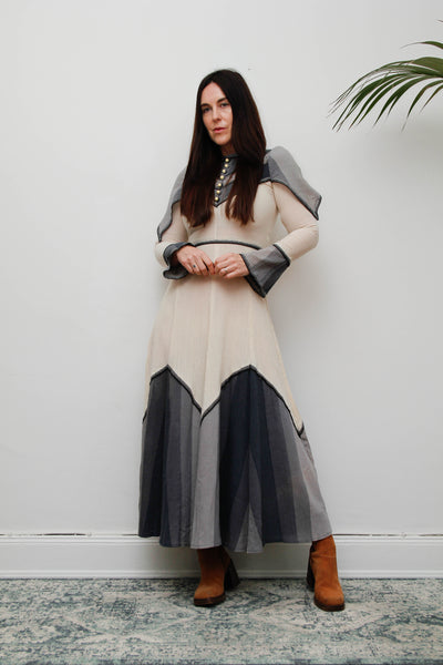 Vintage Ethereal Cheesecloth Cotton Dress-Cream with Navy & Grey Bohemian